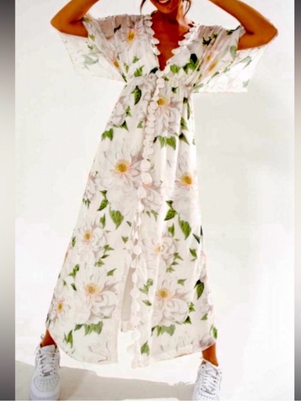 Farm Rio White Floral Maxi Dress with Green Leaf Print in size XS